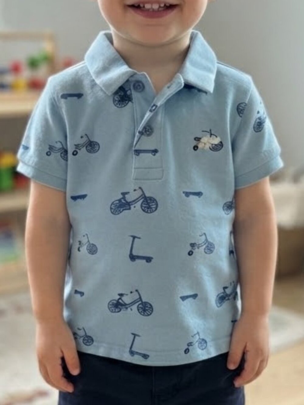 MONICA+ANDY 100% Organic Cotton Blue On Wheels Short Sleeve Polo 3T